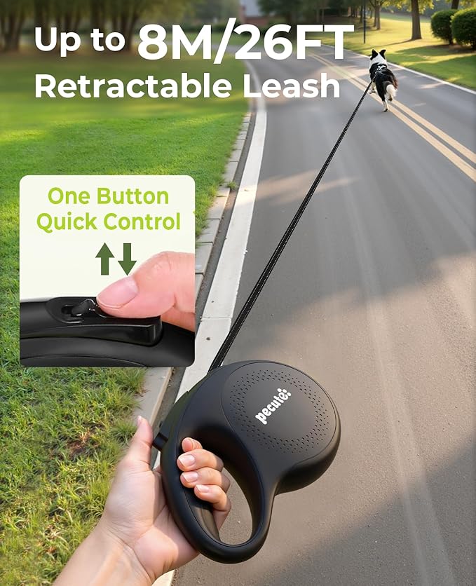 Pecute Retractable Dog Leash with Flashlight, 26ft Heavy Duty Retractable Pet Leash with Light, One-Button Control, Anti-Twist Protection, Reflective Leashes for Medium Large Pets Dogs Up to 110 lbs