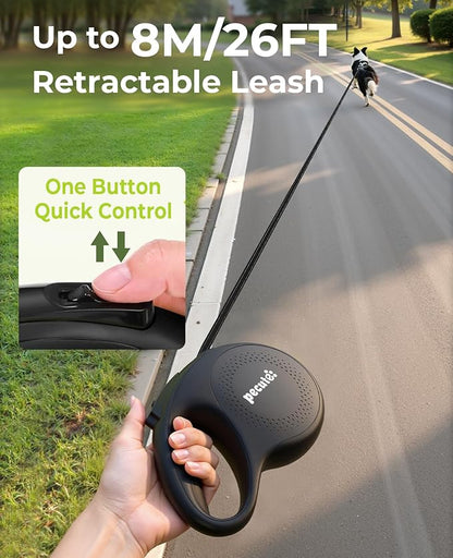 Pecute Retractable Dog Leash with Flashlight, 26ft Heavy Duty Retractable Pet Leash with Light, One-Button Control, Anti-Twist Protection, Reflective Leashes for Medium Large Pets Dogs Up to 110 lbs