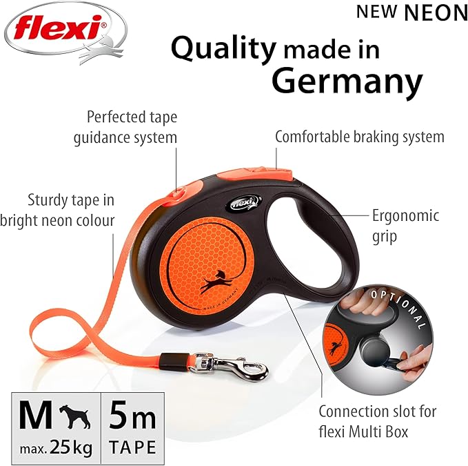 Flexi New Neon Tape Orange Medium 5m Retractable Dog Leash/Lead for Dogs up to 25kgs/55lbs
