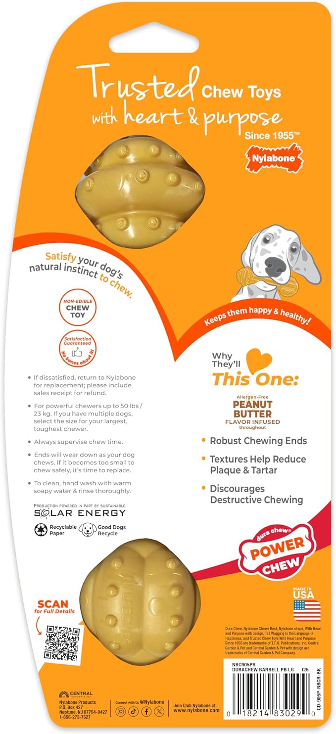Nylabone Barbell Bone Power Chew Toy for Dogs, Dog Toys for Aggressive Chewers, Peanut Butter Flavor, Large - Up to 50 lbs, 1 Count