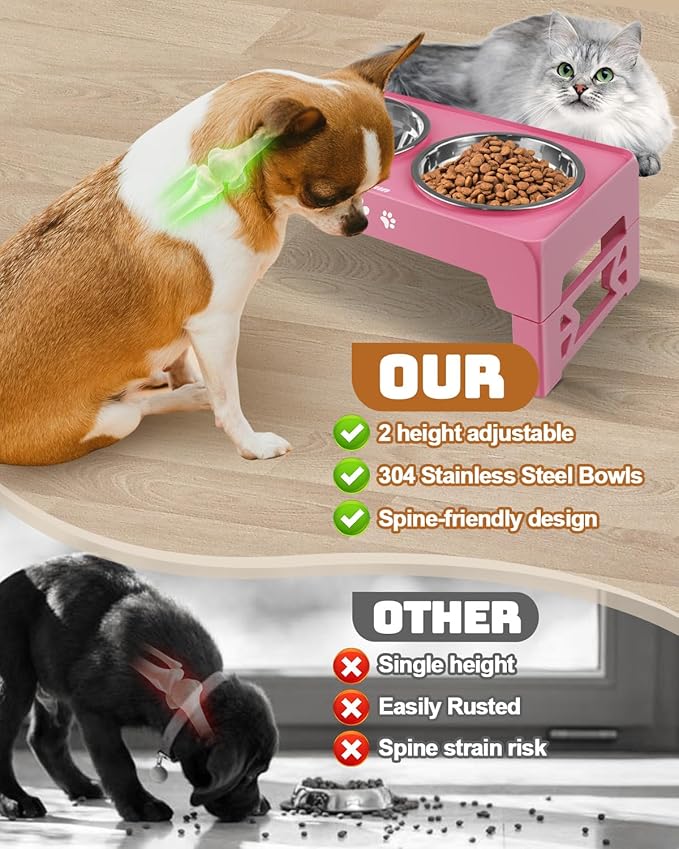 Elevated Dog Bowls for Small Dogs and Cats, Non-Slip Cat Bowls with 2 Thick 5.5" Stainless Steel Dishes, Dog Feeder 2 Heights Adjustable to 2.6"-5.3"