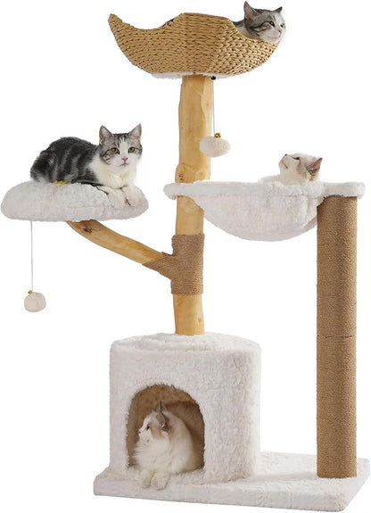 Moewrista Modern Cat Tree with Hammock 48.5 Inches Cat Tower with Scratching Post,Featuring Real Wood Post,Large Rattan Basket, Spacious Flower Perch and Condo for Indoor Cat Large Adults-Beige