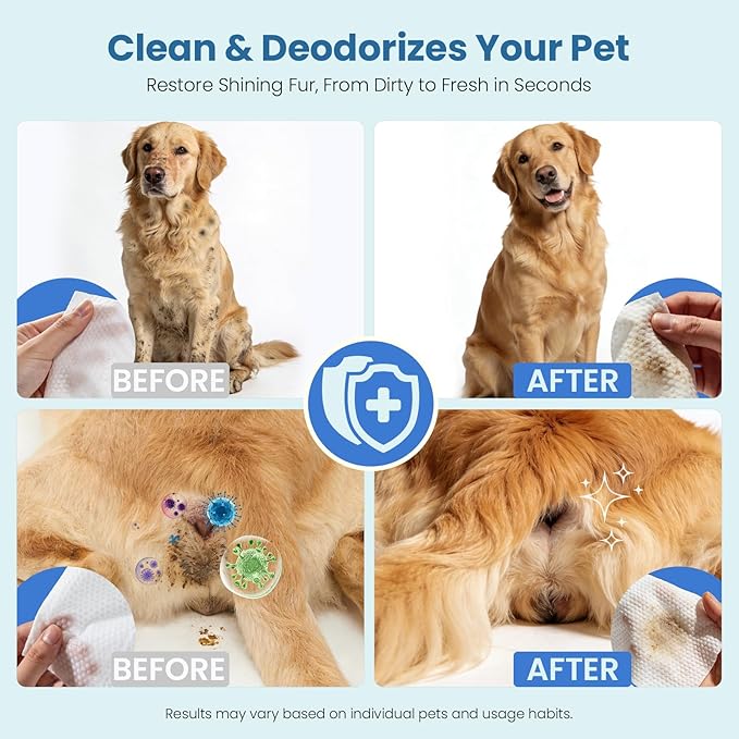 Natural Pet Grooming Wipes, 100 Fresh Counts, Extra Moist & Thick for Dogs & Cats, Puppies & Kittens Set of 2