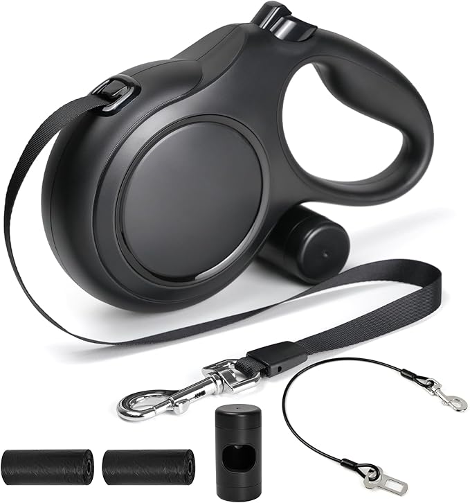 Upgraded Retractable Dog Leash with Chew Proof Cable, 26ft Heavy Duty Dog Leash for Large Dogs up to 110lbs, No-Tangle, Non-Slip Handle, One-Handed Brake, with Poop Bag Holder (Black, L 26ft)