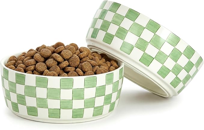 6.4 inch Ceramic Hand Painted Basic Dog Bowl Set of 2 with Anti-Skid Rubber Base, Food and Water Bowls for Small Pets Green
