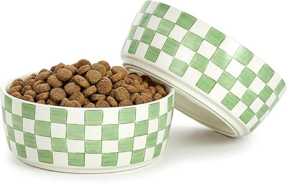 6.4 inch Ceramic Hand Painted Basic Dog Bowl Set of 2 with Anti-Skid Rubber Base, Food and Water Bowls for Small Pets Green
