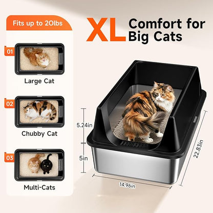 2 Pack XL Stainless Steel Litter Box with High Sides Shield for Multi Cat, Extra Large Tall Wall Open Top Deep Metal Pan for Big Cats, Anti-Leak Non-Stick Odor Control, 2 Scoops Included, Black