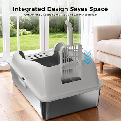GTPLAYER Stainless Steel Litter Box for Big & Multiple Cats, Easy Clean Odor-Resistant Design, High Sided Leak-Proof Litter Box with Mat & Scoop – Grey 1 Pack