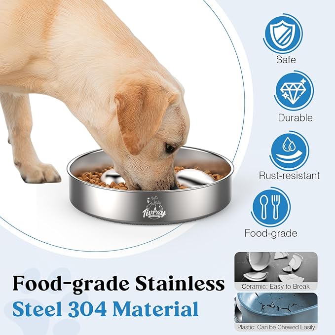 Slow Feeder Dog Bowls, 304 Stainless Steel Dog Slow Feeder Bowl 3.8 Cups Metal Dog Food Bowl with Non-Slip Bottom Shallow Slow Eating Dog Bowl for Small & Medium Breed Stop Bloat, Dishwasher Safe