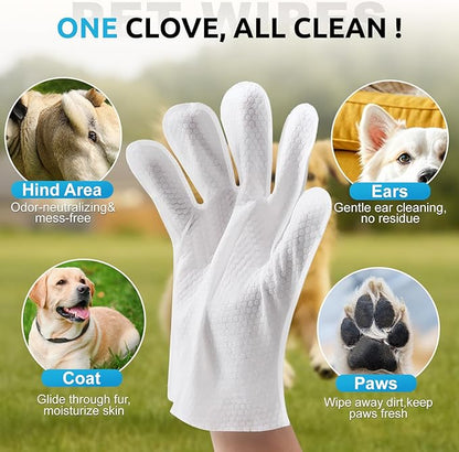 Pet Grooming Glove Wipes for Dogs&Cats, Extra Thick Rinse Free Cleaning Gloves with Aloe&Glycerin, Hypoallergenic Deodorizing Bathing Wipes for Daily Care, Travel, Portable, Unscented, 20ct