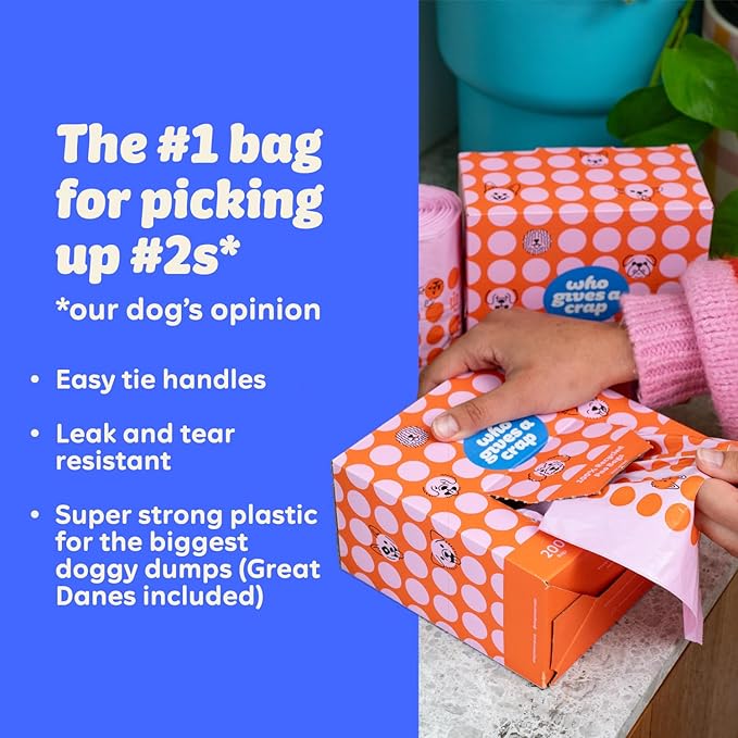 Who Gives a Crap 100% Recycled Pet Waste Bags, 200 Count, 3L / 3 Quart, Designed to Help Resist Leaks and Tears, Tie Handle Poop Bags for Small and Large Dogs, Sustainable Unscented Dog Trash Bags