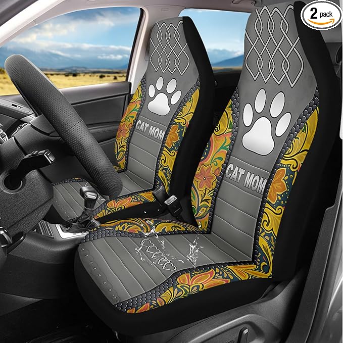 Cat Mom Paw Car Seat Covers 2 Pcs Waterproof Universal Front Seat Protective Cover Boho Flower Easy to Install Automobile Interior Decorate Accessories Fit for Car SUV Trucks