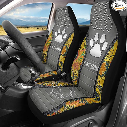 Cat Mom Paw Car Seat Covers 2 Pcs Waterproof Universal Front Seat Protective Cover Boho Flower Easy to Install Automobile Interior Decorate Accessories Fit for Car SUV Trucks