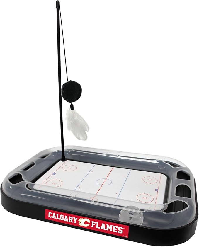 Pets First NHL Calgary Flames 5-in-1 Cat Scratching Toy with Interactive Cat Ball, Bell and Track