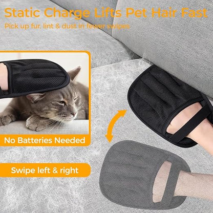 Electrostatic Pet Hair Remover Gloves, 2-Pack Reusable Washable 5-Finger Grooming Mitts for Dog & Cat Fur, Lint Remover for Couch, Furniture, Carpet, Clothes, Car Seats