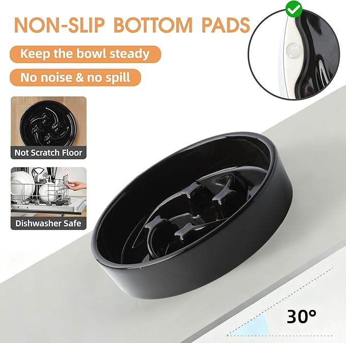 Ceramic Slow Feeder Dog Bowls Small Breed, 0.6 Cups Slow Eating Dog Bowl, Anti-Gulping Puppy Food Bowl Reduce Choking, Puzzle Maze Design Pet Dishes for Fast Eaters, 6.3 inch - Black
