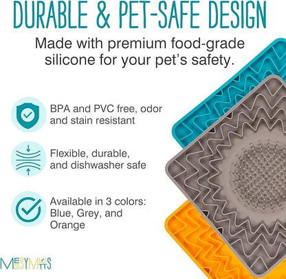 Messy Mutts Framed Silicone Therapeutic Licking Bowl Mat | 9.5" x 9.5" | Slow Feeder Mat for Boredom & Anxiety | Lick Pad for Dogs & Cats | Grey