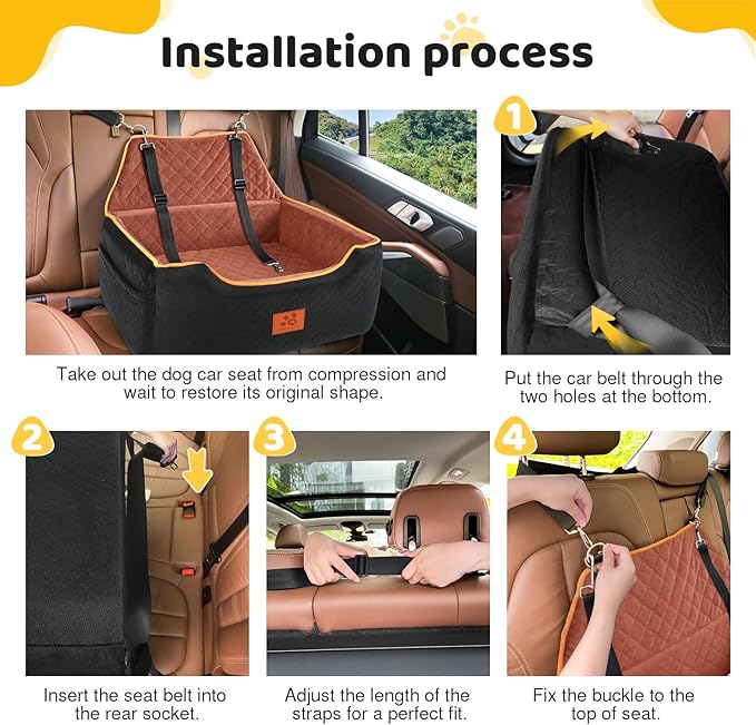 XIEEAOZEE Dog Car Seat for Large/Medium Dog, Booster Seat for Dogs Under 55Lbs or 2 Small, Detachable and Washable Travel Pet Seat with Thick Cushion and Storage Pockets (Black/Brown)