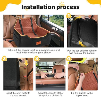XIEEAOZEE Dog Car Seat for Large/Medium Dog, Booster Seat for Dogs Under 55Lbs or 2 Small, Detachable and Washable Travel Pet Seat with Thick Cushion and Storage Pockets (Black/Brown)