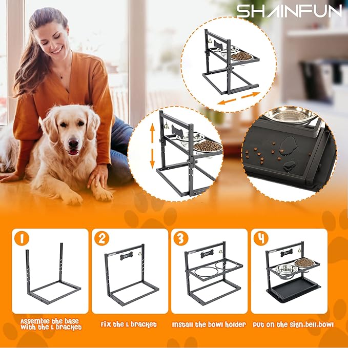 SHAINFUN Elevated/Raised Dog Bowls Stand Adjusable Height with Two 1.7L Stainless Steel Food Bowls and Spill Proof Mat, for Large and Medium Dogs.