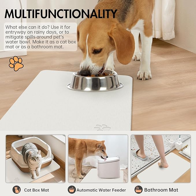 Newest Diatomite Stone Pet Feeding Mat for Dog&Cat–Super Absorbent Diatomite Fast Drying Stone Dog Food Mat, Quick Dry Dog Mats for Food and Water with Non-Slip Pad (24×16'', Off White, Square)