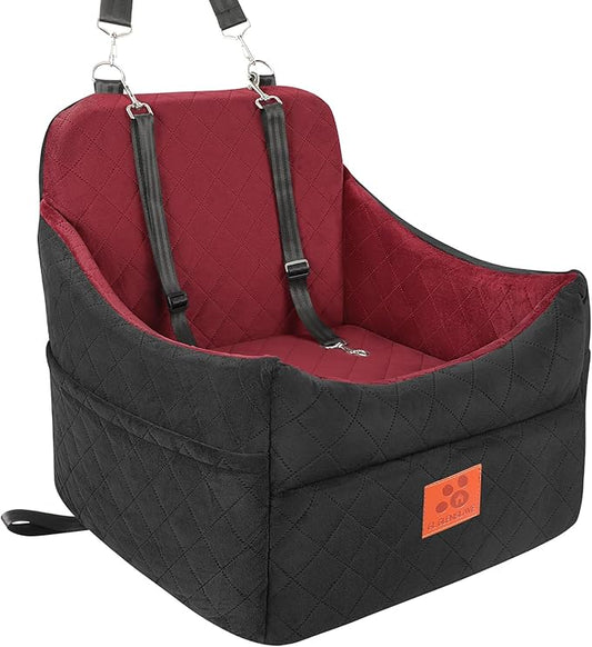 GL GLENSLAVE Dog Car Seat for Small/Medium Dogs, Dog Booster Car Seats with Thick Cushion for Dogs Under 35lbs, Detachable Washable Pet Carseat with Storage Pockets, 2 Safety Belts(Black/Red)