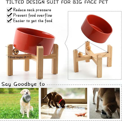 Petygooing Raised/Elevated 15°Slanted Ceramic Dog Bowl for Small Breeds,Tilted Anti Slip Pet Feeding Bowl,Food Water Dish with Stand for Cats and Small Dogs Puppy 13.5 OZ (5.1In / 1.7 Cups) Rust Red