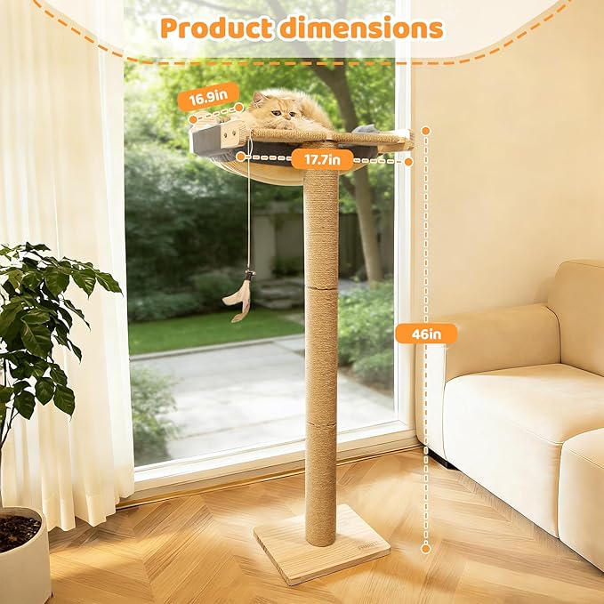 Cat Window Perch with Scratching Post, 46" Adjustable Tall Scratching Posts & Suction Cup – Gray Rabbit Fur Pad, Multi-Level Perch for Climbing, Bird Watching, Play, Supports 45 lbs (Drilling-Free)