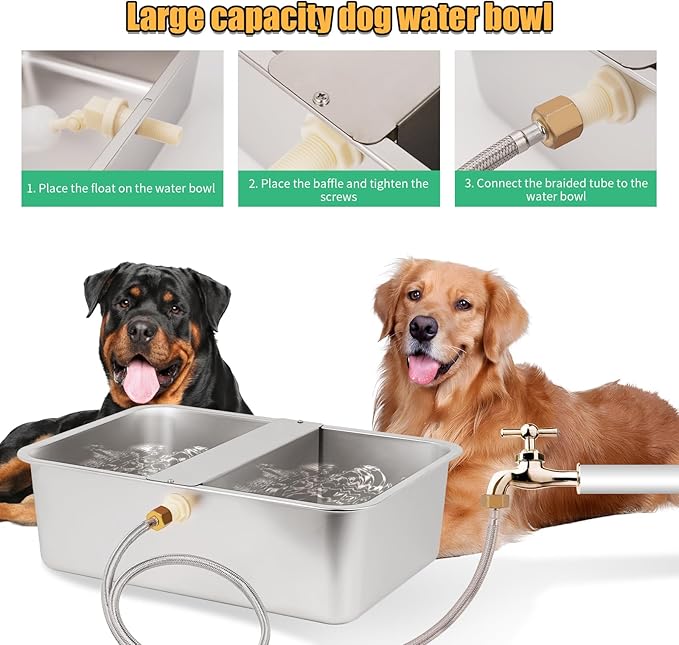 6 Gallon XL Large Automatic Dog Water Bowl Dispenser, Stainless Steel Outdoor Pet Waterer Auto Fill Dog Waterer for Large Breed (19.3" X 13.7")