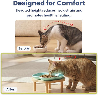 PawsPik Flower Ceramic Cat Feeding Plate with Raised Bamboo Stand, Elevated Whisker-Friendly Pet Bowl, Anti-Slip Stable Design, Dishwasher Safe (Blue)