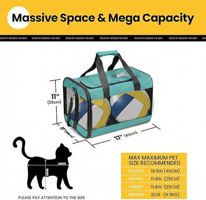 Cat Carrier Airline Approved, Soft-Sided Dog Carrier with Inner Safety Leash, Pet Transport Carrier for Small-Medium Cats Puppies up to 15 Lbs,Travel Kitten Carrier Bag -Turquoise,M