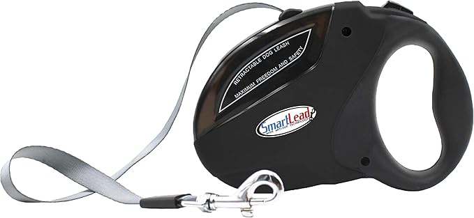 SmartLead Retractable, Reflective, Heavy-Duty 16-Foot Nylon Dog Leash, Tangle Free, Anti-Slip Brake Technology, Easy Grip Handle, Good for Dogs up to 110 Pounds – Black