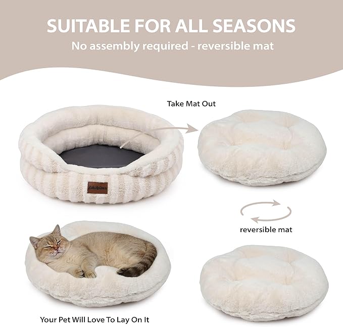 Cat Bed Puppy Bed - Washable Round Cat Beds for Indoor Cats, Soft Corduroy Fleece Pet Bed for Puppy and Kitten with Removable Double Sided Inner Cousion, 23", Beige