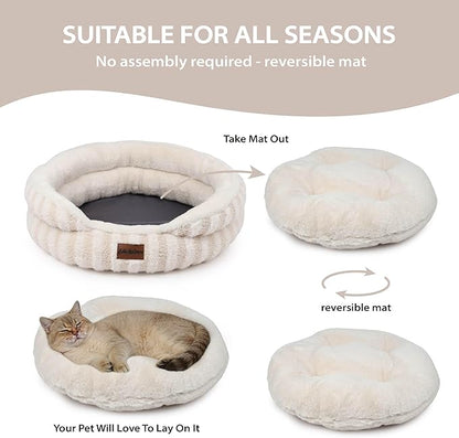 Cat Bed Puppy Bed - Washable Round Cat Beds for Indoor Cats, Soft Corduroy Fleece Pet Bed for Kitten and Samll Dog with Removable Double Sided Inner Cousion, 26", Beige