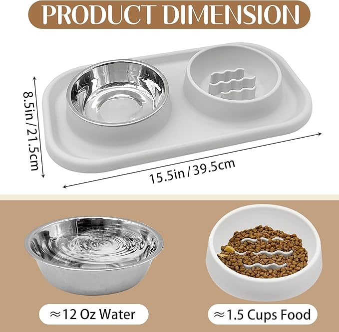 BNOSDM Slow Feeder Dog Cat Bowls, Stainless Steel with Silicone Mat Dog Food and Water Bowls Set, Pet Feeder to Slow Down Eating for Cats, Small Dog