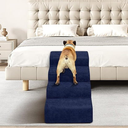 Dog Stairs for Small Dogs - High Density Foam Pet Steps, Extra Wide Dog Ramp with Non-Slip Bottom for High Beds, Couch and Sofa, Best for Dogs Injured, Older Doggy Cats, 4 Steps, Navy