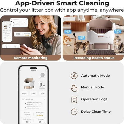 Automatic Self Cleaning Cat Litter Box: Scoop Free Litter Box with APP Control, Large Capacity for Multiple Cats, Odor Control, Ultra Quiet, Smart Safety Sensors