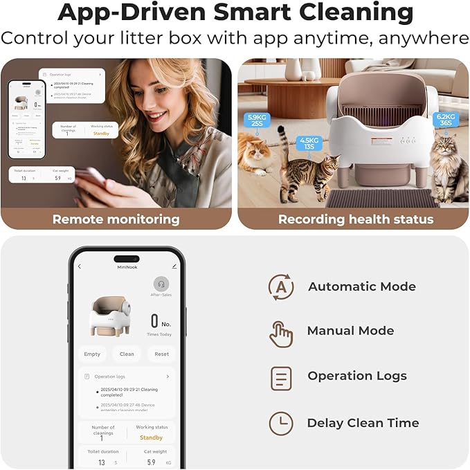 Self Cleaning Litter Box, Automatic Cat Litter Box-APP Control, Open-Design Electric Litter Box, Safety Anti-Pinch, Odor-Free Waste Disposal Includes Trash Bags, Suitable for Multiple Cats, Grey