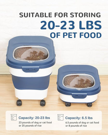 20-23 Lbs Dog Food Storage Container - Collapsible Dog Food Container with Wheels Airtight Lids, Scoop and Small Container, Pet Food Storage Dry Food For Dog, Cats and Other Pet (Blue)
