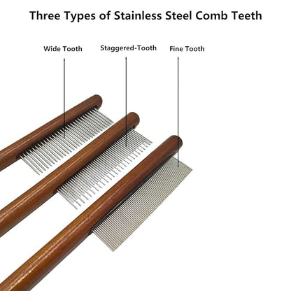 3 Pack Wood Pet Grooming Combs with Stainless Steel Teeth for Cat Dog Rabbit, Flea Lice Comb Grooming Tool Set for Small Medium Pets