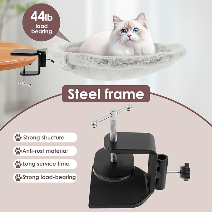 Cat Desk Bed - Cat Hammock for Desk, Soft Fabric, Adjustable Cats Shelf Beds, Easy Installation, Washable Pet Mat, Supports up to 44lbs, Table Clamp Pet Bed Cats Furniture for Kitten
