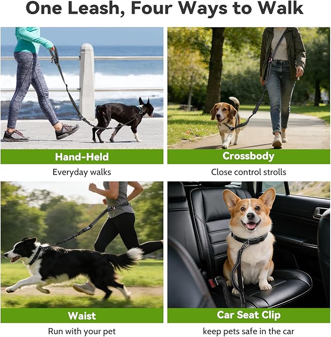 Hands Free Dog Leash 4-in-1, Adjustable 4–6 ft Waist & Crossbody Leash with Seat Belt Clip & Poop Bag Holder, Reflective & Heavy-Duty for Running, Walking, Hiking, Training