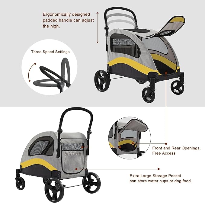 XL Extra Large Dog Stroller, All-Terrain 4 Wheel for 2 Medium Dogs, One-Click Foldable, Adjustable Handles, Dual Entry Safety Dog Stroller, Capacity 88lbs (Gray-Yellow)