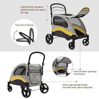 XL Extra Large Dog Stroller, All-Terrain 4 Wheel for 2 Medium Dogs, One-Click Foldable, Adjustable Handles, Dual Entry Safety Dog Stroller, Capacity 88lbs (Gray-Yellow)