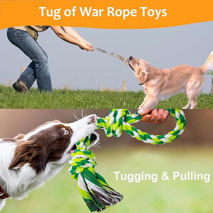 Dog Bungee Hanging Toy, Spring Pole Rope Pull & Tug of War Toy for Aggressive Chewers Middle Large Dogs to Exercise Solo Play, Interactive Tether Tug Outdoor Dog Toy with 2 Chew Ropes