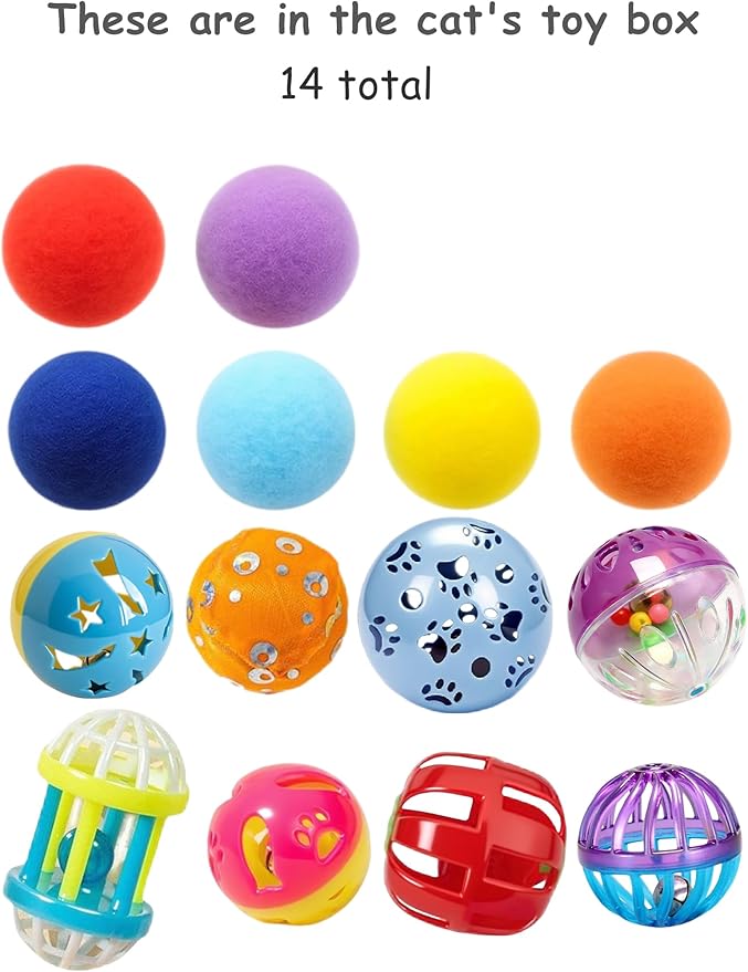 14 Pcs Cat Toys Indoor Kittens BPA-Free Jingle Balls Plush Balls Catnip Feather Mice for Play Chase Relax (1.5'' - 2.2'')