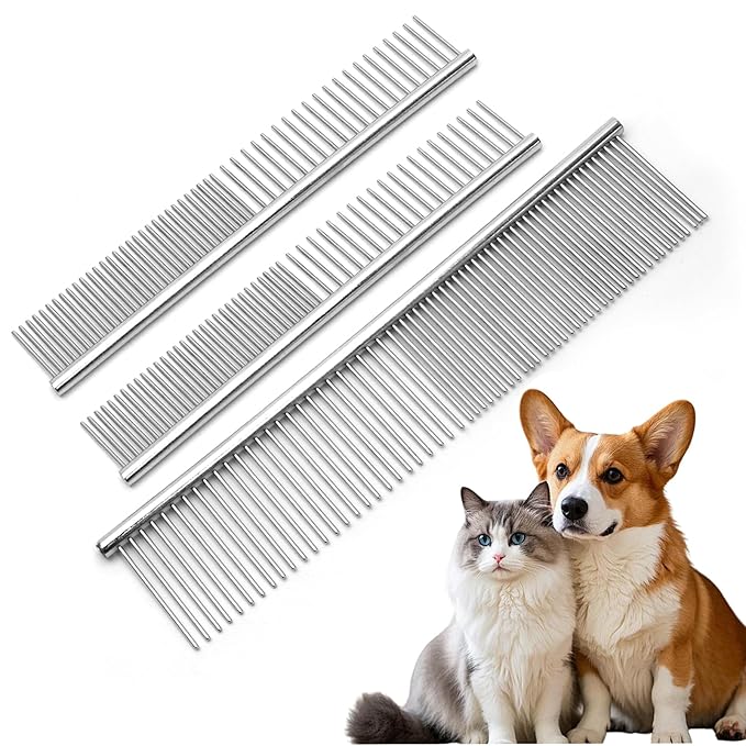 Biaungdo 3 Pcs Dog Grooming Combs Set, Metal Dog Comb for Removing Tangles and Knot, Cat Brush Grooming Tool for Long Haired Pets(7.48 x 1.57 inch & 6.3 x 1.1 inch)