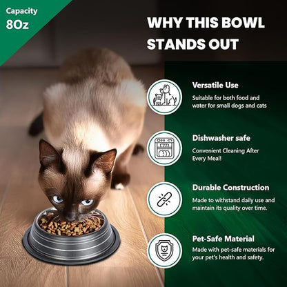 Iconic Pet Color Splash Stripe Non-Skid Stainless Steel Dog & Cat Bowl - Black, 8 Oz, 1 Cup, Durable, Easy to Clean, Anti-Slip Feeding Dish for Food & Water, Stylish Design for Dogs and Cats