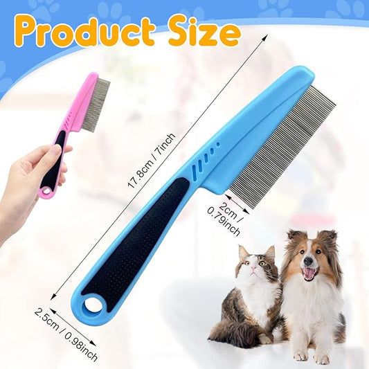 Flea Comb with Rubber Handle, 2025 Upgraded Fine Tooth Dandruff Comb for Dogs & Cats, Fine Tooth Dog Combs for Grooming (Blue)
