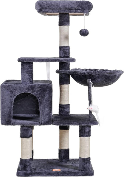 Heybly Cat Tree with Toy, Cat Tower Condo for Indoor Cats, Cat House with Padded Plush Perch, Cozy Hammock and Sisal Scratching Posts, Smoky Gray HCT004G